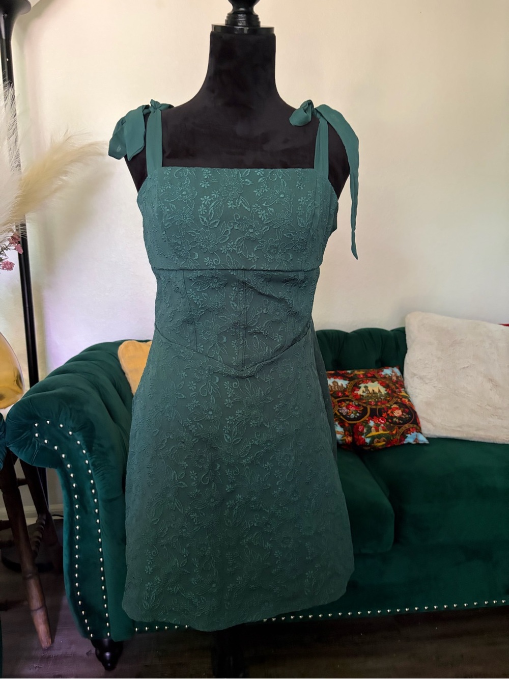 Trixxi Teal Green Floral Eyelet Tie-Shoulder Midi Dress